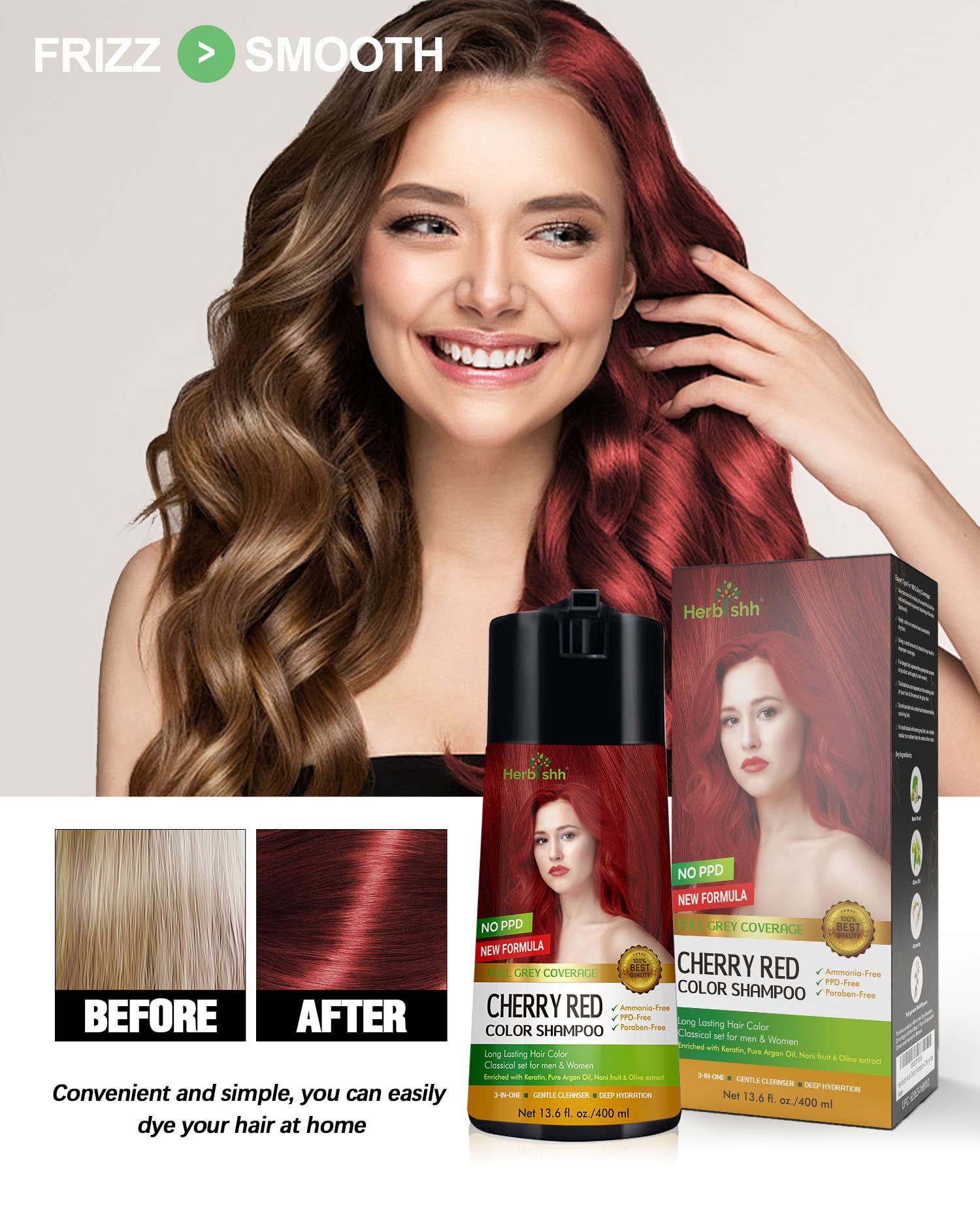 Herbishh Color Shampoo label shows no PPD/Ammonia for gentle color option
