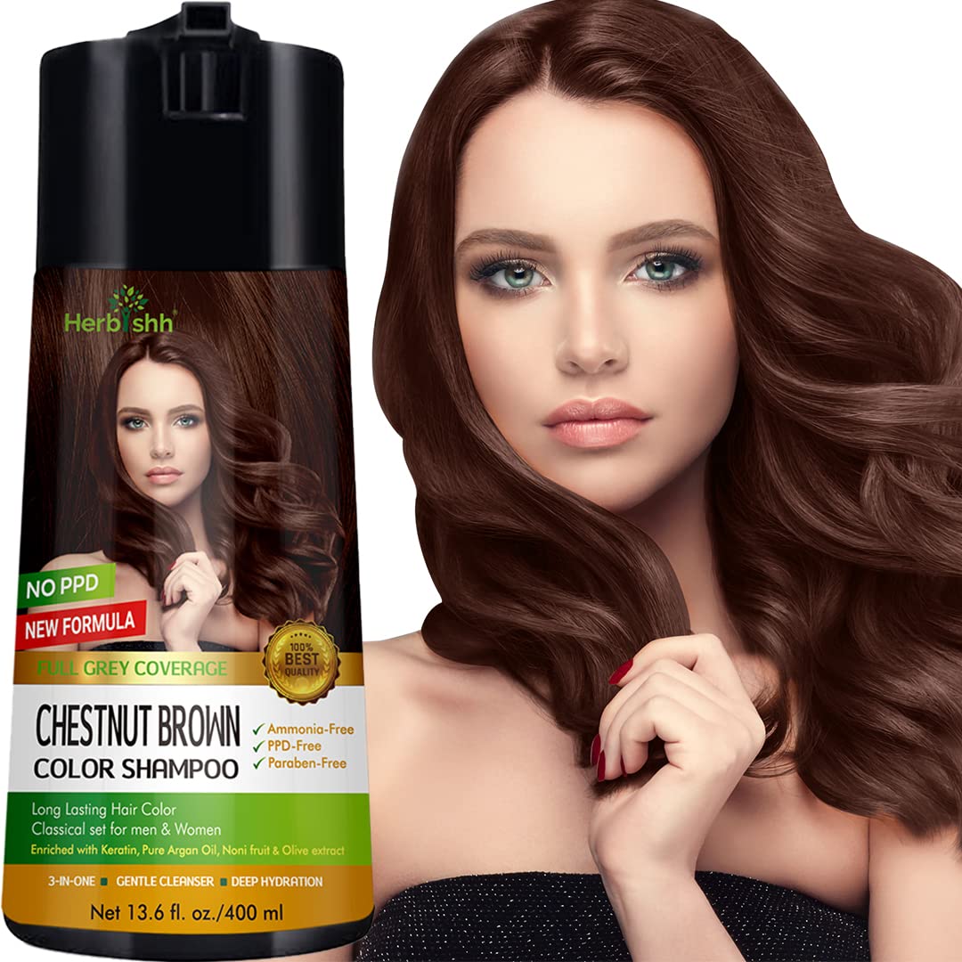 Herbishh color shampoo gray hair bottle shows chestnut brown options for natural coverage