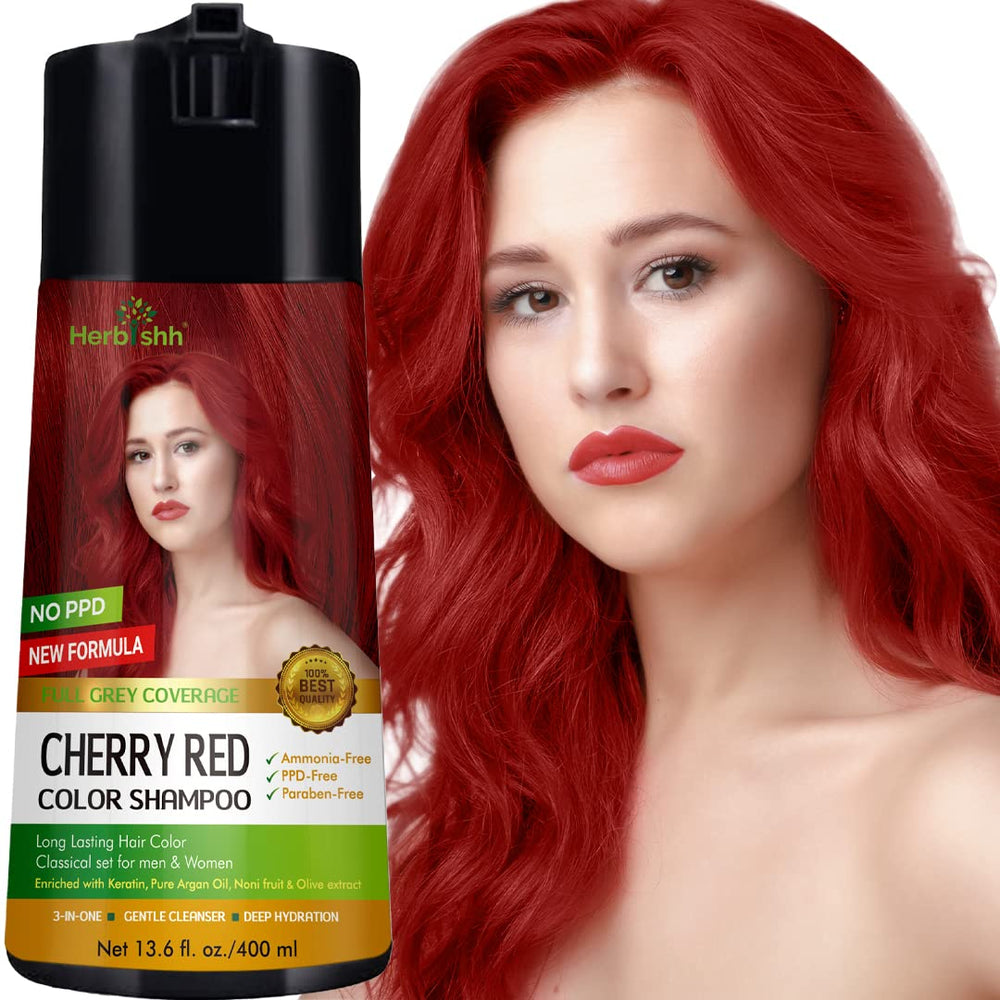 Herbishh Color Shampoo gray hair packshot highlighting Cherry Red shade for at-home color