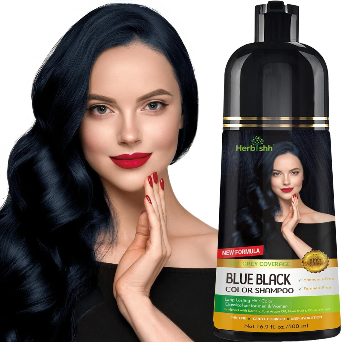 Herbishh Hair Color Shampoo bottle front in blue-black shade for gray coverage