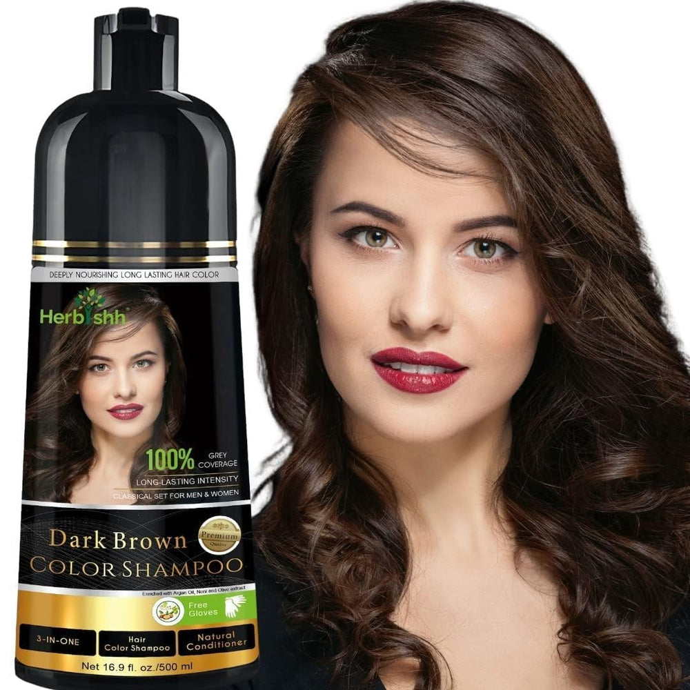 Herbishh Hair Color Shampoo bottle in dark brown shows at home gray coverage