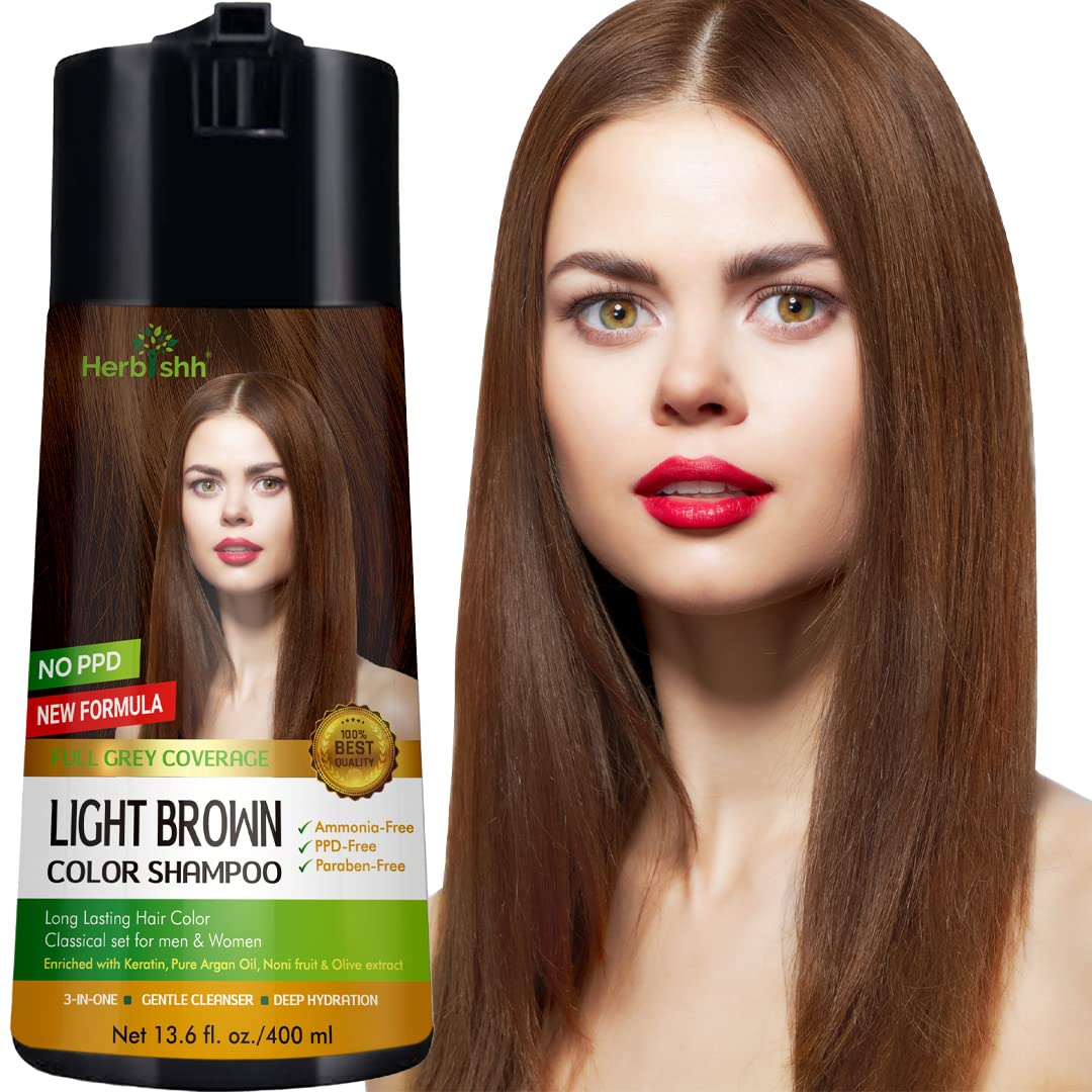 Herbishh hair color shampoo bottle being poured for even gray coverage