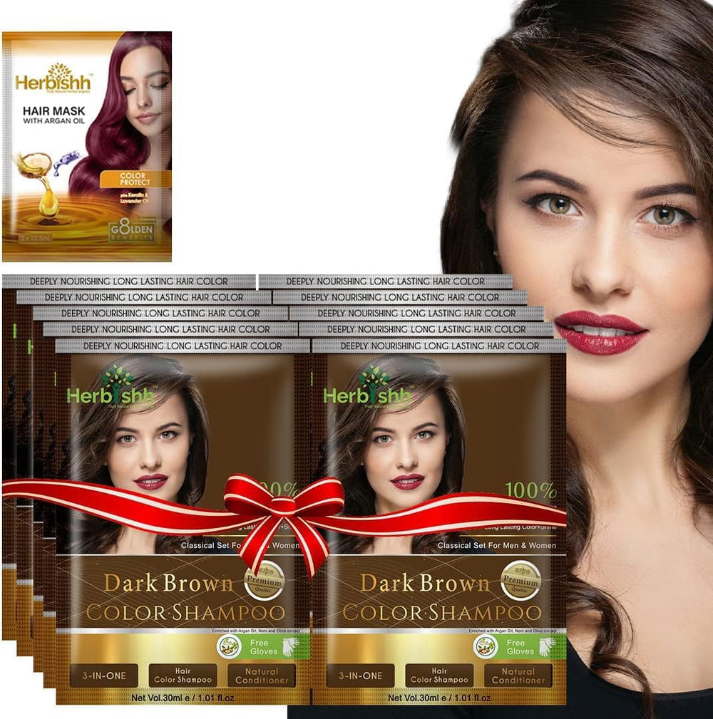 Herbishh natural hair color shampoo packaging highlights grey coverage and easy at-home use.