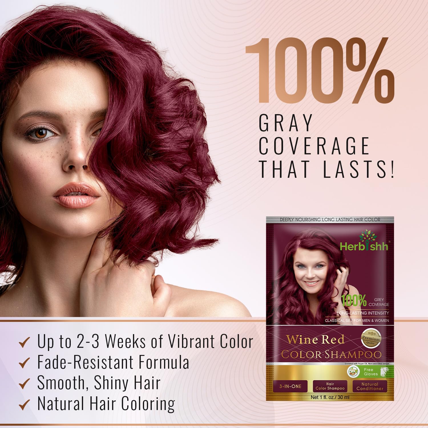 Herbishh sachet close-up highlighting premixed shampoo dye convenience