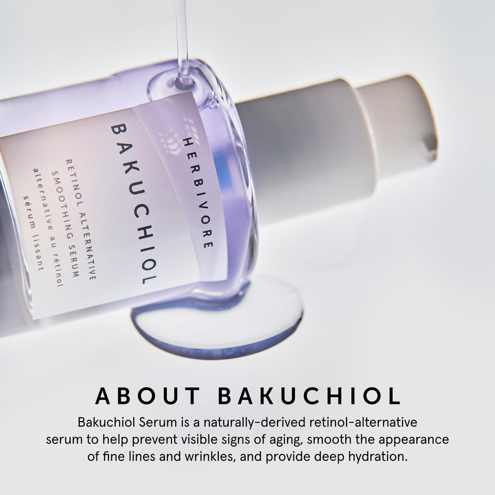 Drop of HERBIVORE Bakuchiol Serum on hand implies gentle, evening glow potential