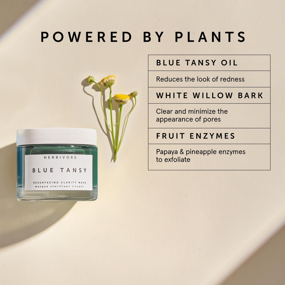 HERBIVORE Blue Tansy Clarity Mask being spread for gentle exfoliation and clarity