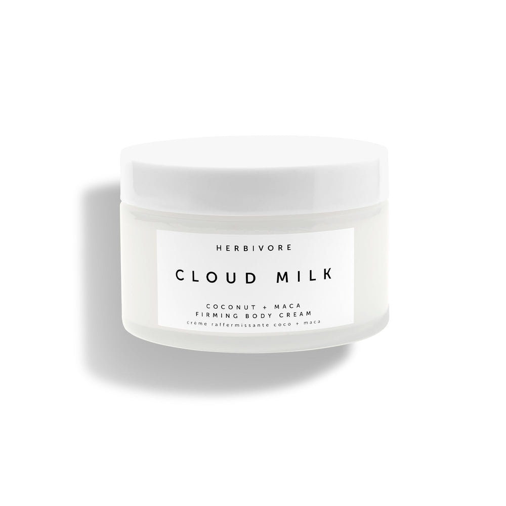 HERBIVORE Cloud Milk Coconut Maca Firming Cream bottle shows fast-absorbing hydration