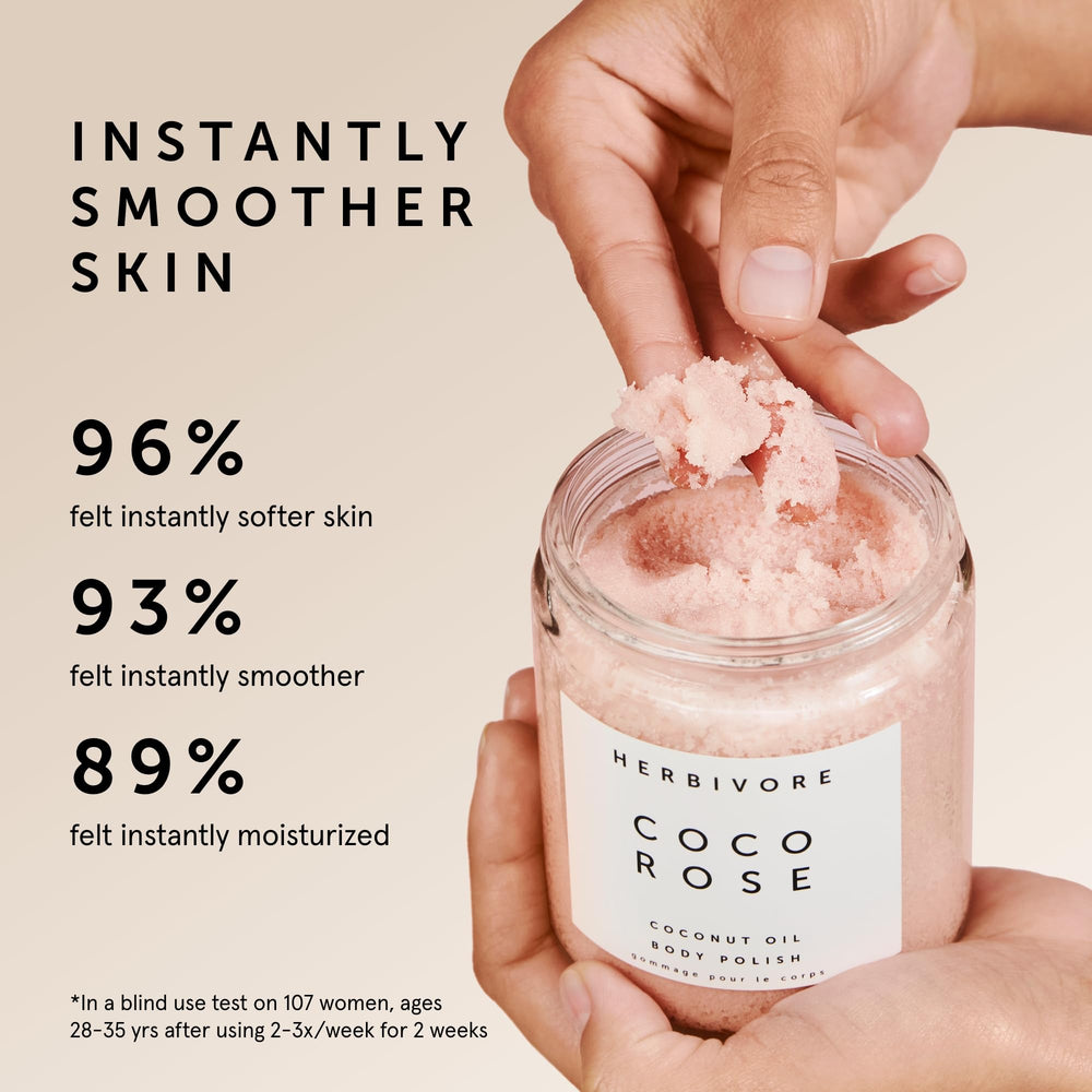 HERBIVORE Coco Rose scrub being applied to skin for exfoliation