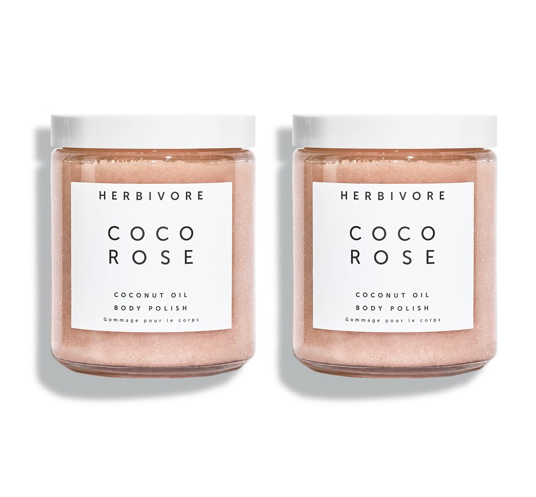 Herbivore Coco Rose scrub jar ready for moisturizing exfoliation.