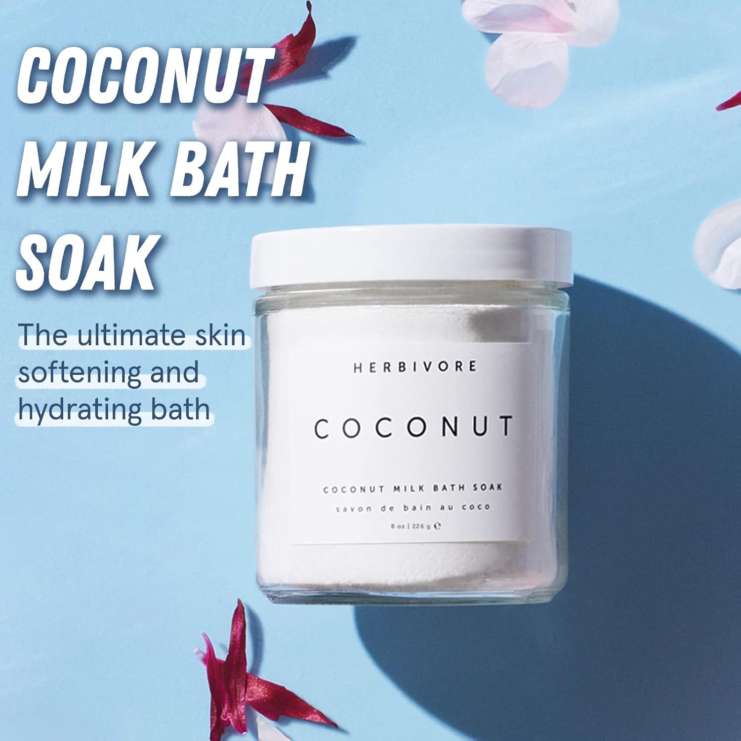 HERBIVORE Coconut Milk Bath Soak bottle pour demonstrates soothing bath ritual and skin softness