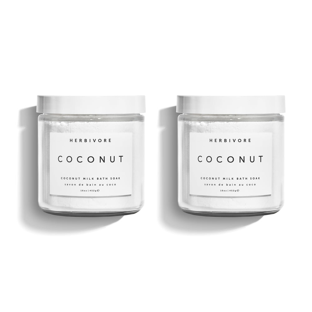 HERBIVORE Coconut Milk Bath Soak 2-pack front view highlights hydration and vegan formula