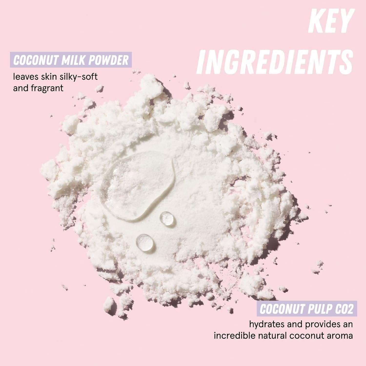 HERBIVORE Coconut Milk Bath Soak ingredients close-up shows plant-based gentle care