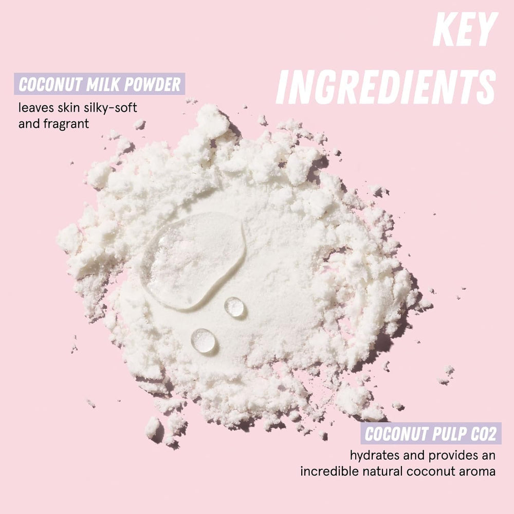 HERBIVORE Coconut Milk Bath Soak ingredients close-up shows plant-based gentle care