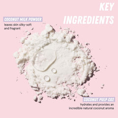 HERBIVORE Coconut Milk Bath Soak ingredients close-up shows plant-based gentle care