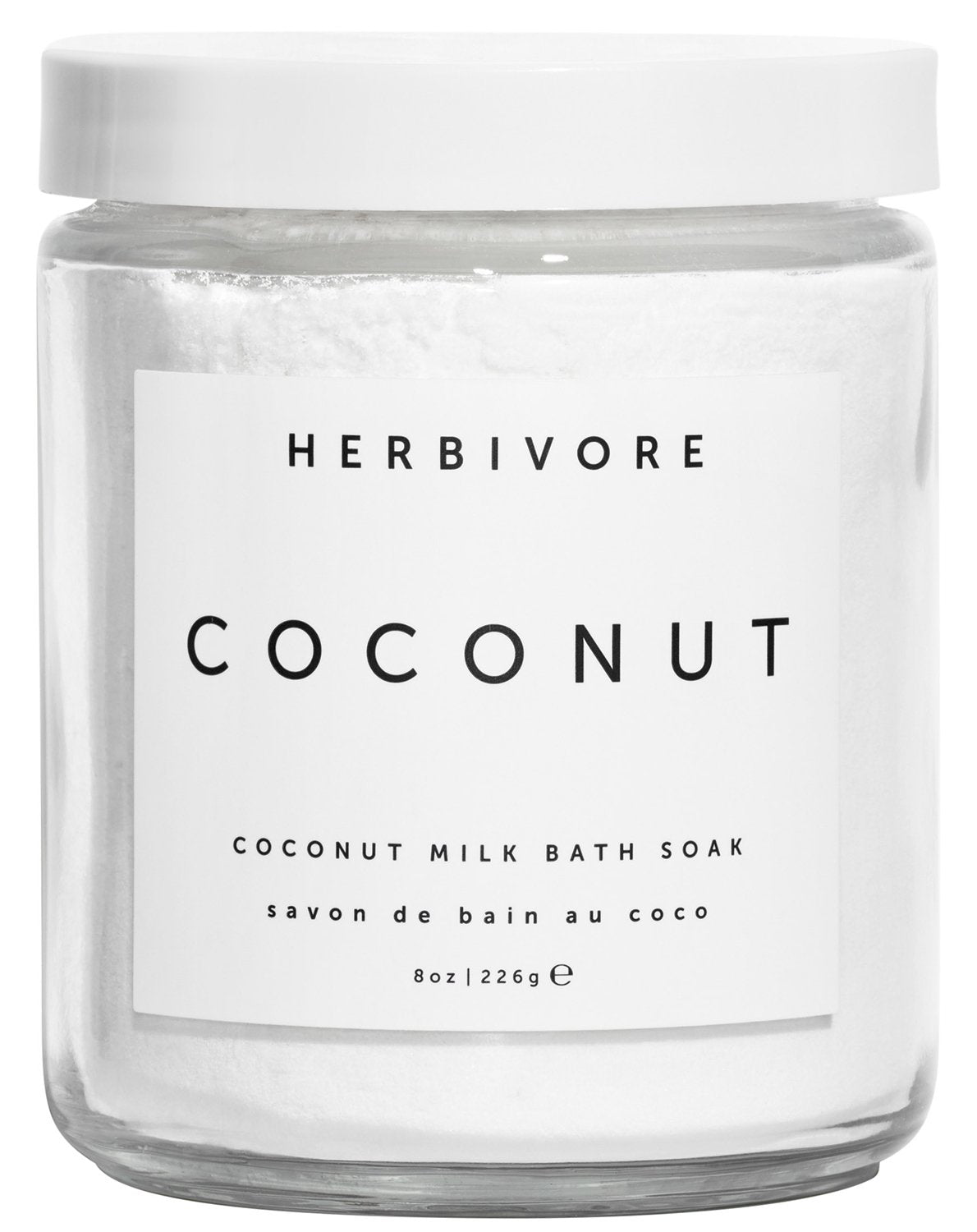 Herbivore Coconut Milk Bath Soak bottle with soothing coconut scent for skin hydration and softness