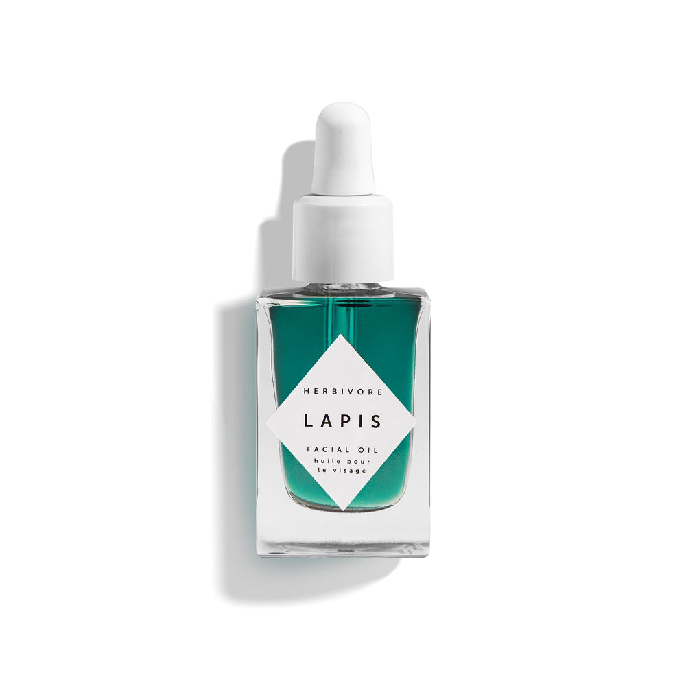 Herbivore Lapis Facial Oil bottle close-up showing balanced hydration for oily skin