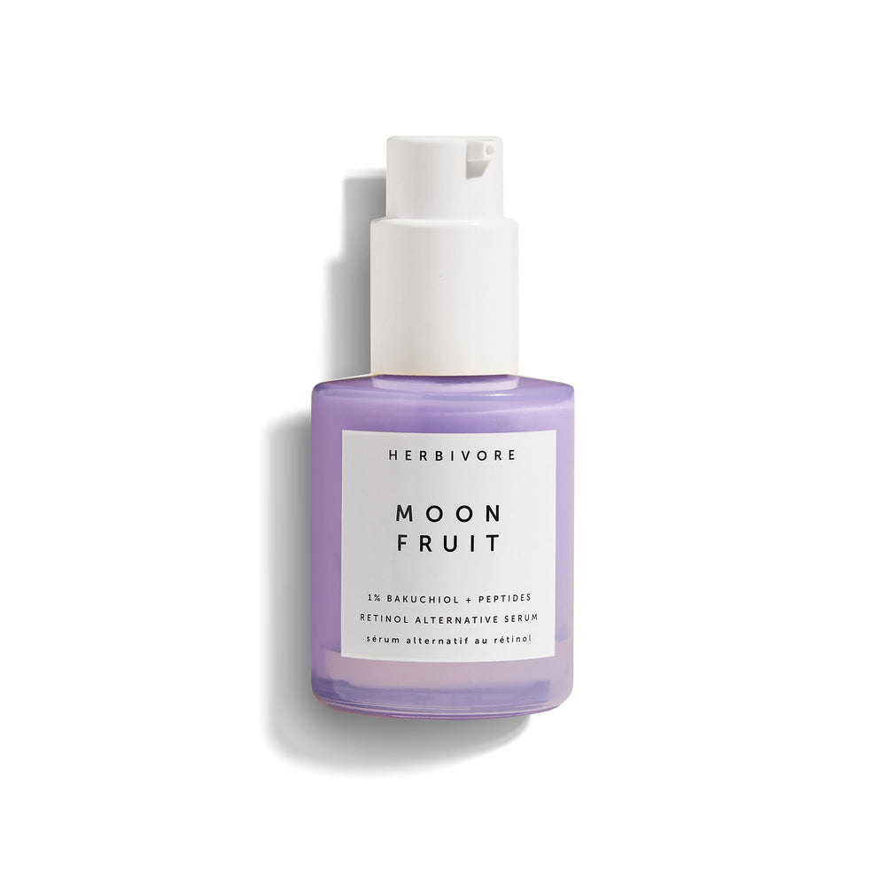 Herbivore Moon Fruit serum bottle shows plant-based bakuchiol for smoother skin.