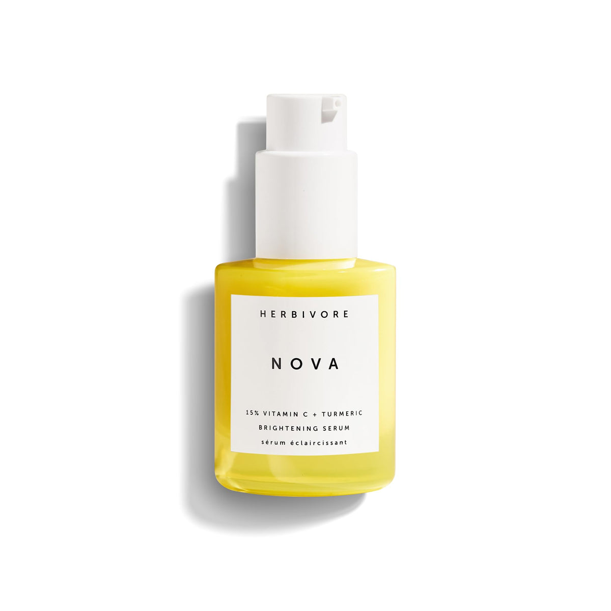 HERBIVORE Nova serum bottle showcases 15% THD vitamin C and turmeric for brighter skin.