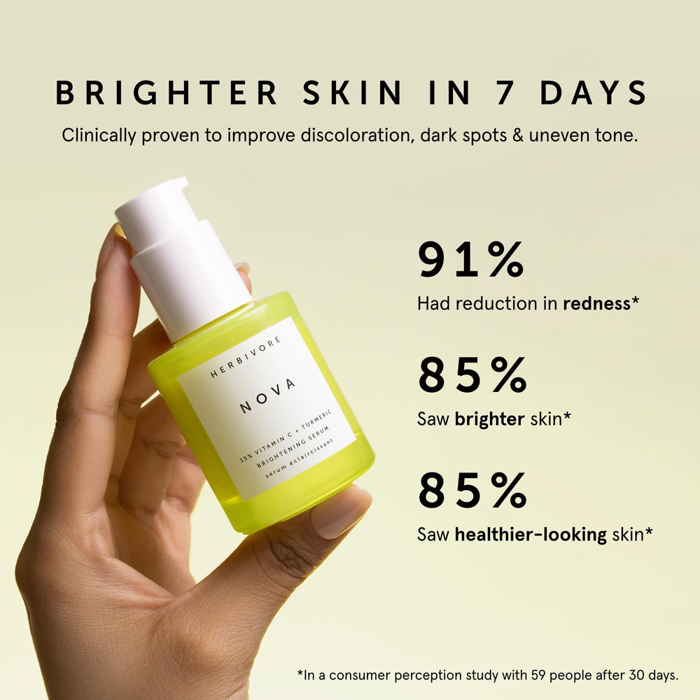 Turmeric root illustration beside HERBIVORE Nova Serum highlights natural ingredients.