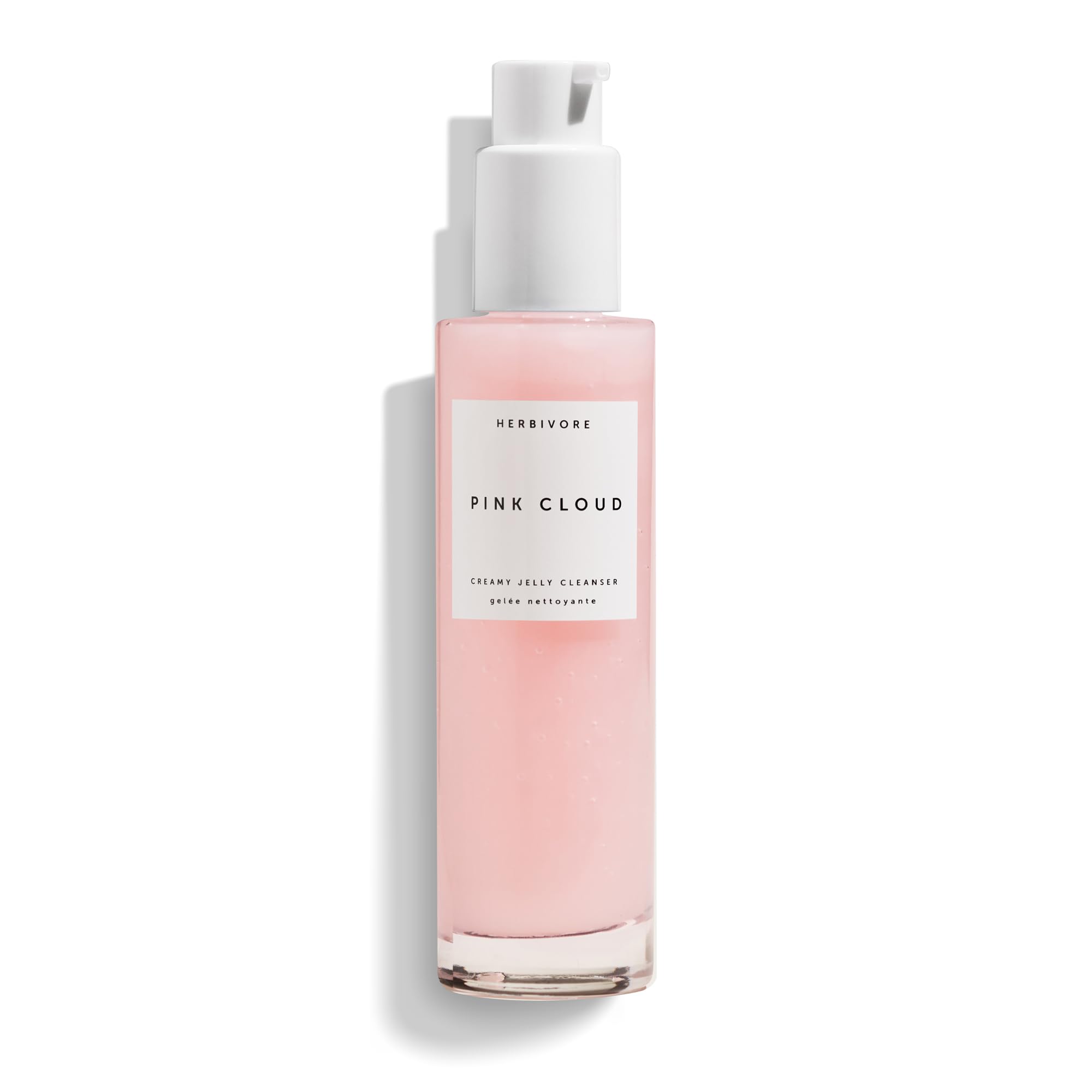 HERBIVORE Pink Cloud Cleanser bottle dispensing, gentle makeup removal and hydration.