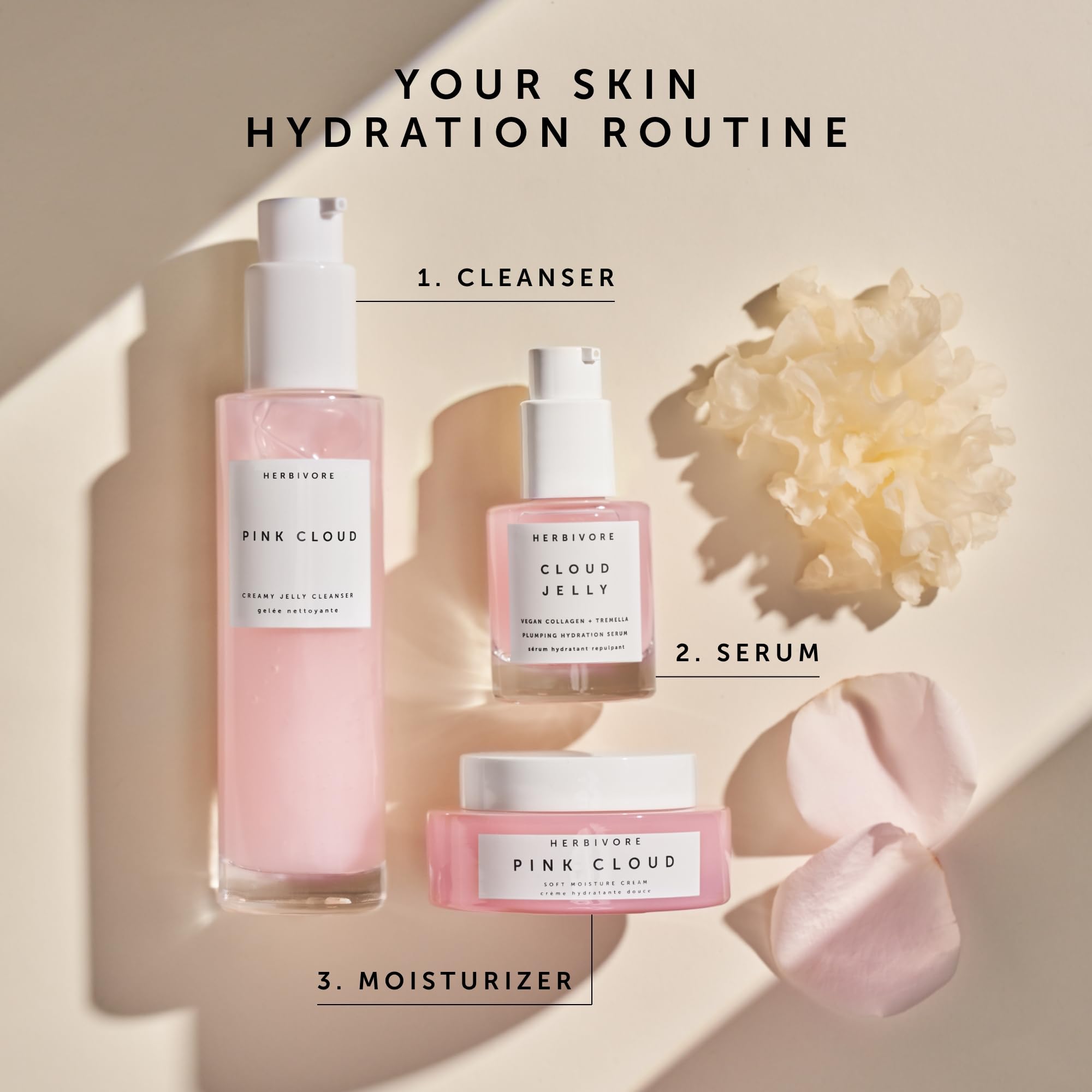 HERBIVORE Pink Cloud glass jar packaging showcases premium, sustainable cleanser presentation.