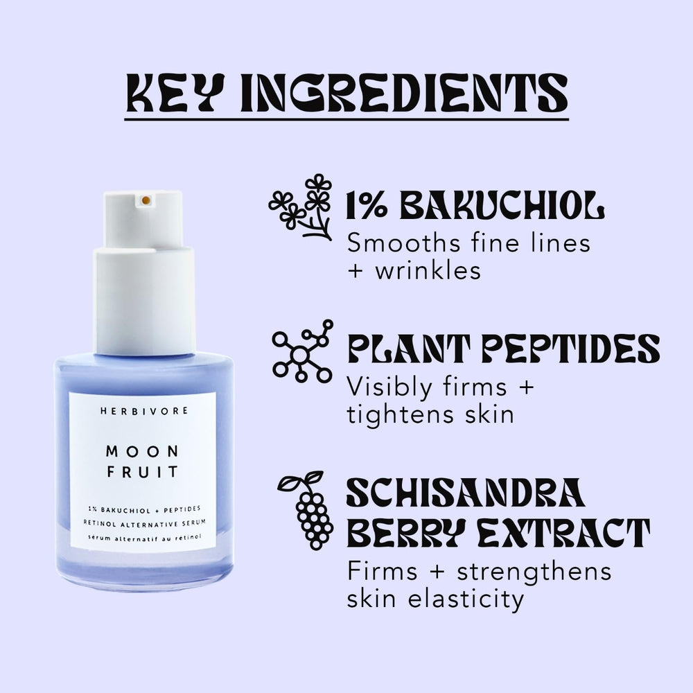 HERBIVORE Moon Fruit serum bottle—bakuchiol + peptides for smoothing and resilience.