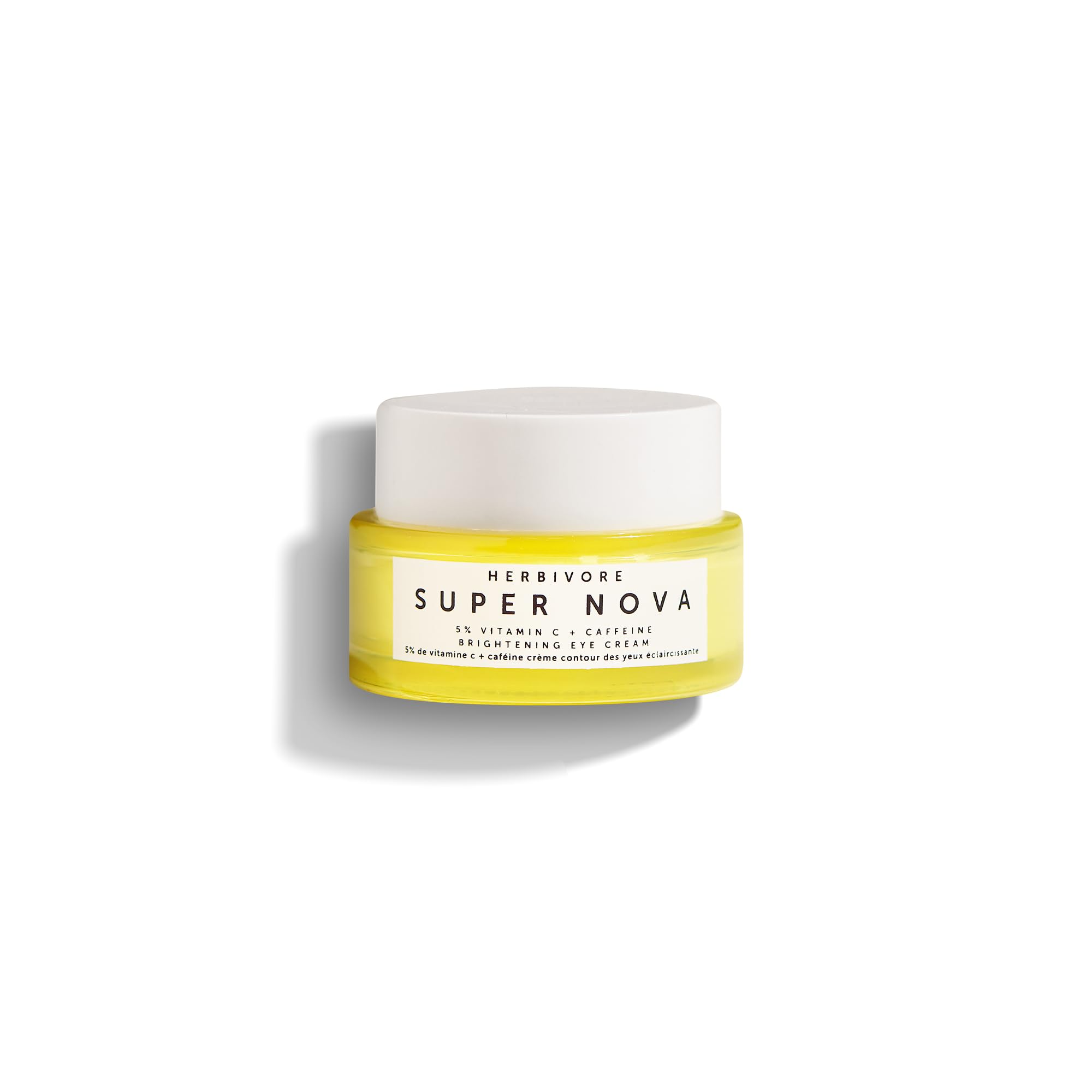 HERBIVORE Super Nova eye cream bottle close-up highlighting 5% THD Vitamin C