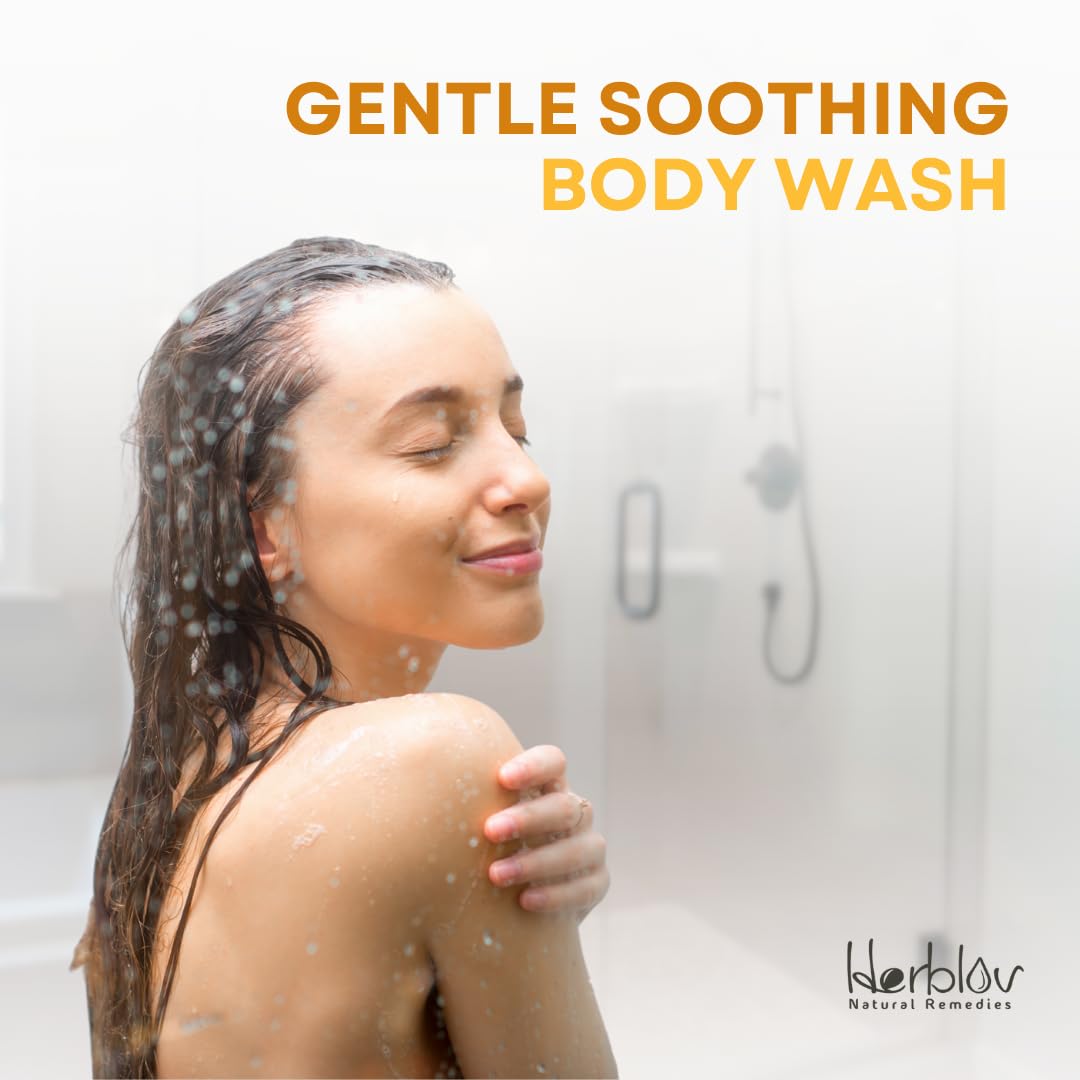 Herblov Eczema Body Wash in a daily routine scene emphasizes gentle cleansing.