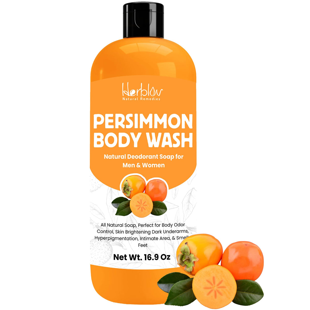Herblov Persimmon Body Wash bottle pour offers odor control and a refreshing cleansing ritual