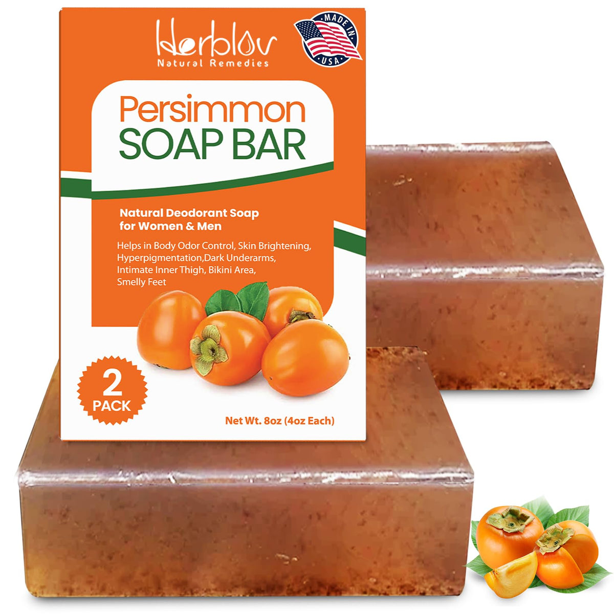 Herblov Persimmon Soap Bar odor-block closeup shows natural odor elimination for fresh skin.