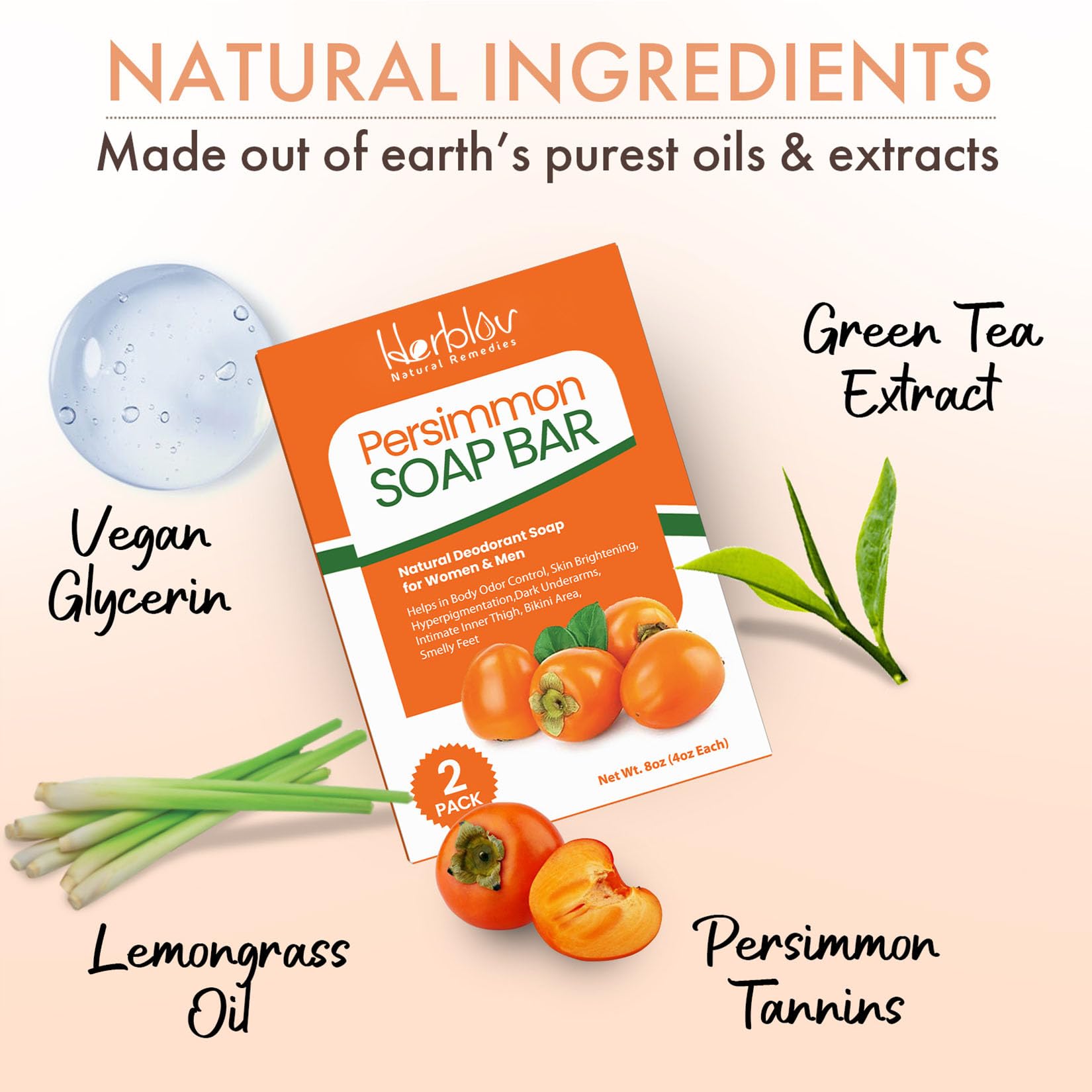 Herblov Persimmon Soap Bar vegan glycerin hydrates and softens skin.