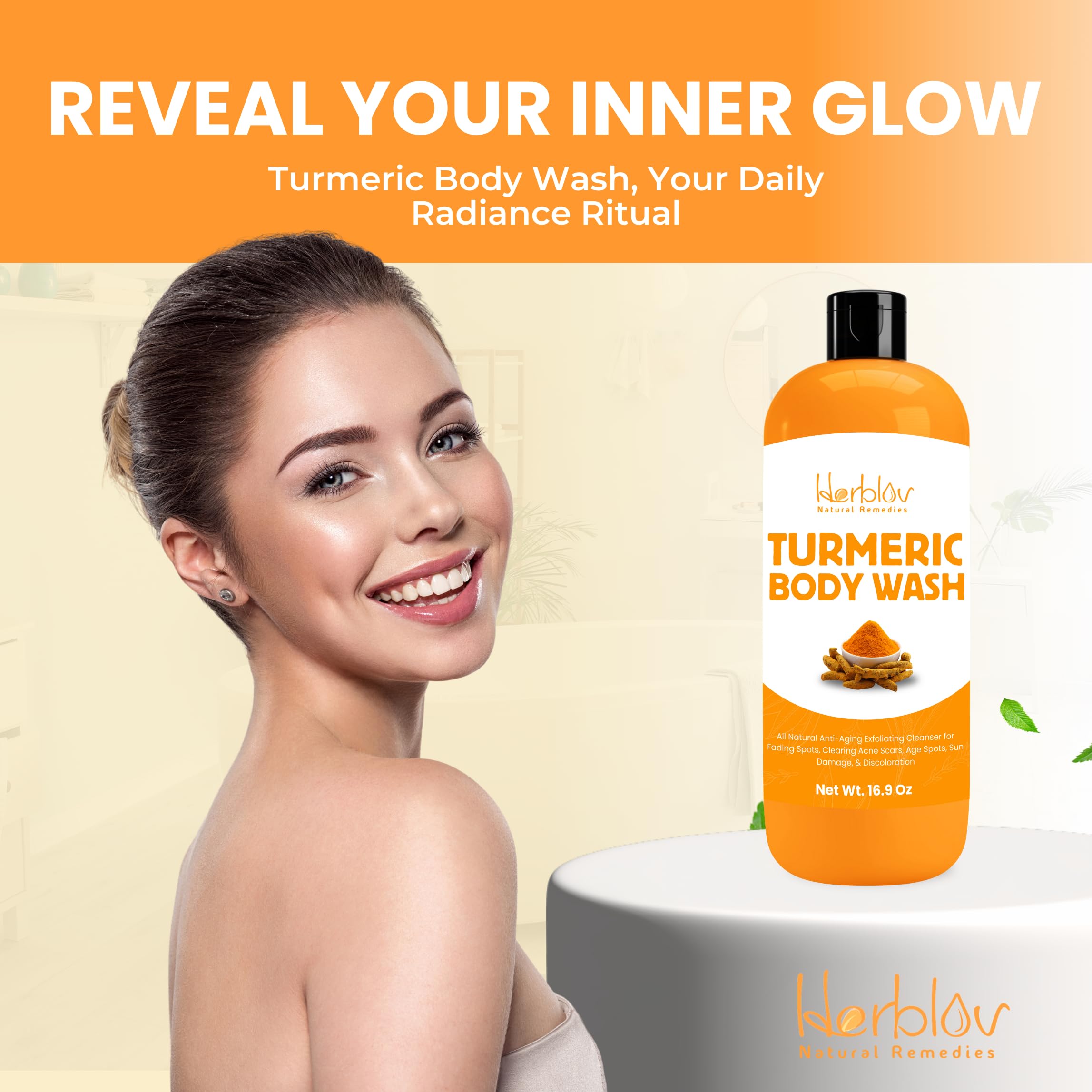 Herblov Turmeric Body Wash mask application shows dual-use benefits.