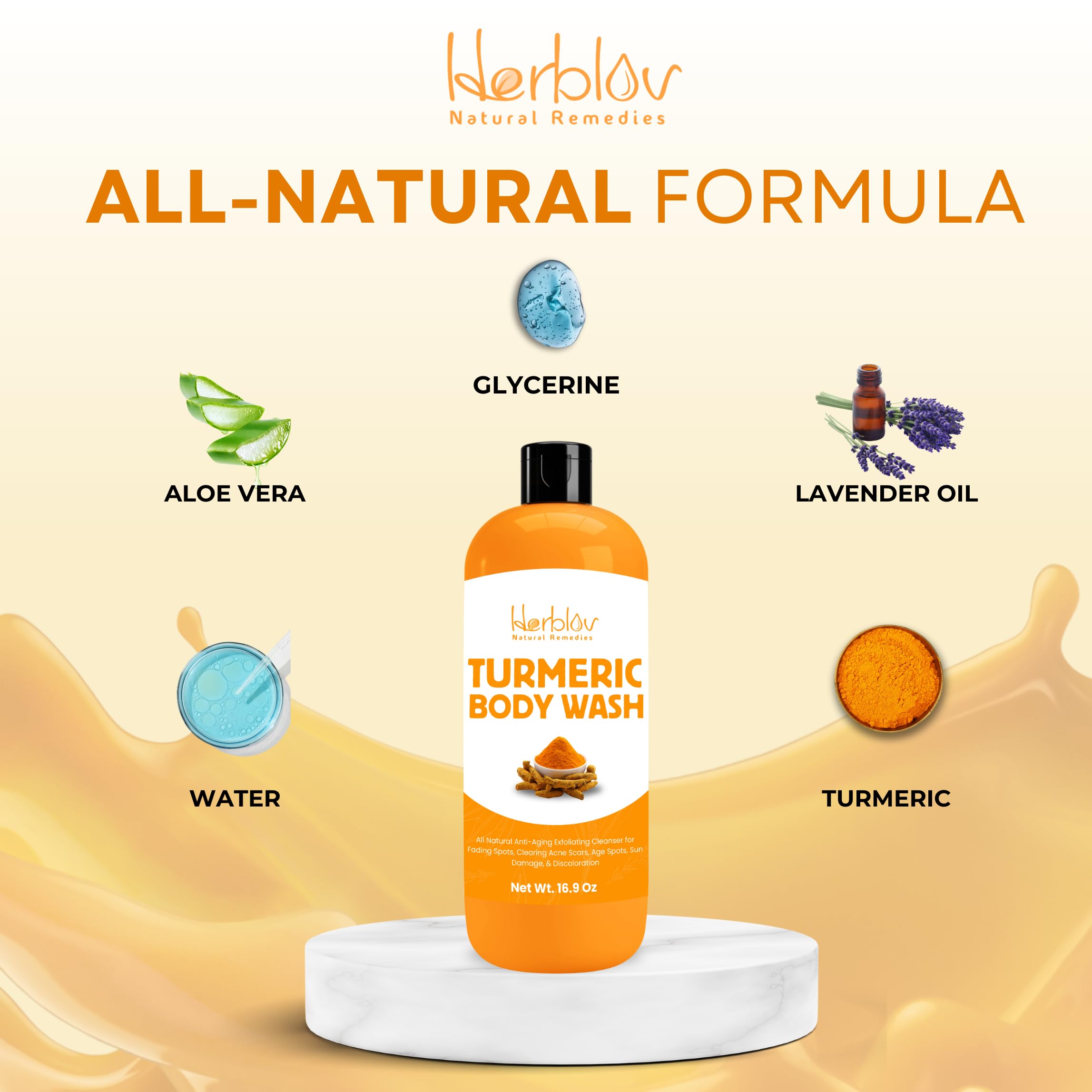 Herblov Turmeric Body Wash shower shelf scene suggests head-to-toe use.