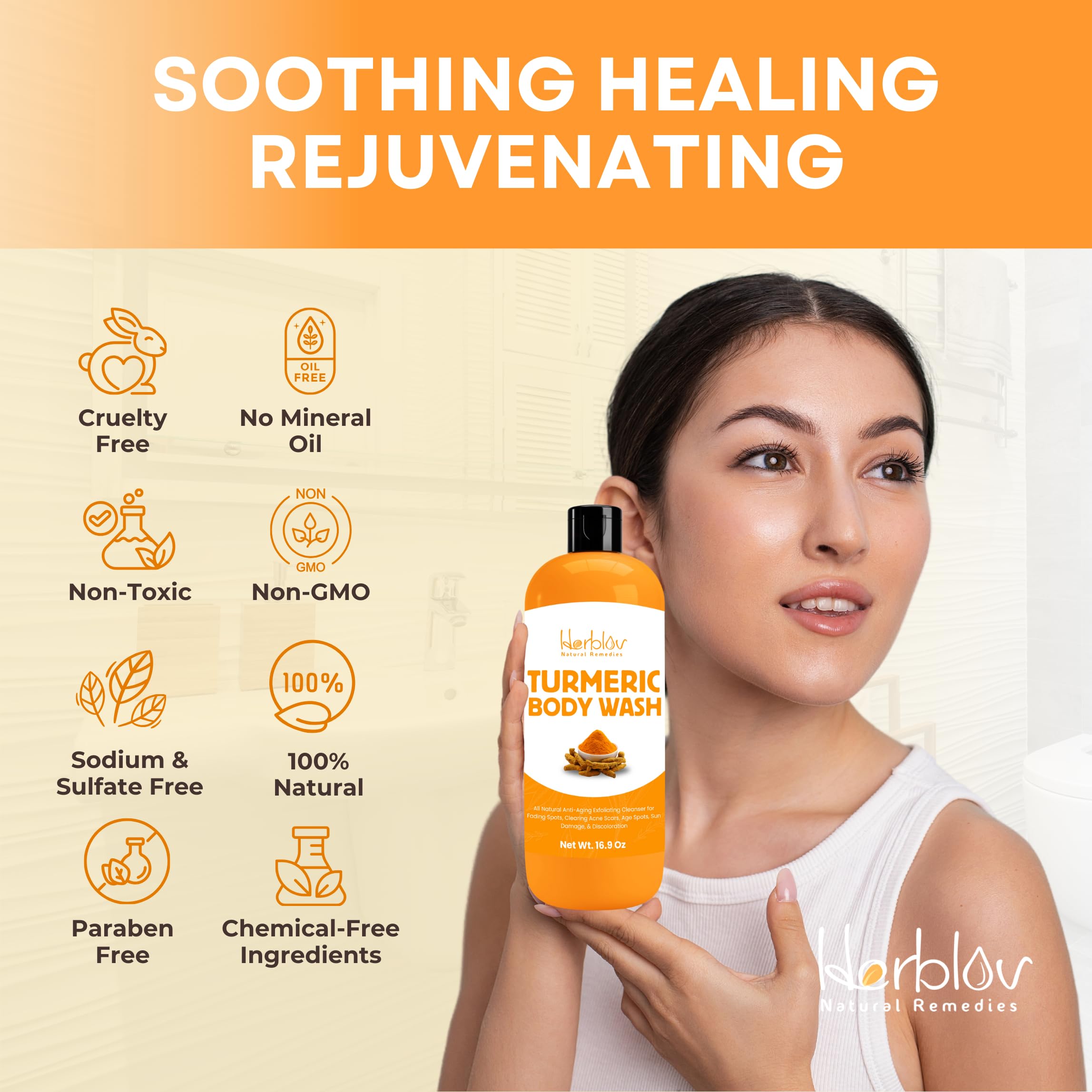 Herblov Turmeric Body Wash skin closeup hints brightening potential.