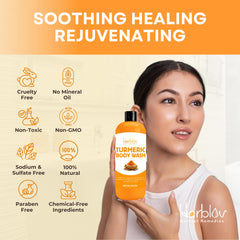 Herblov Turmeric Body Wash skin closeup hints brightening potential.