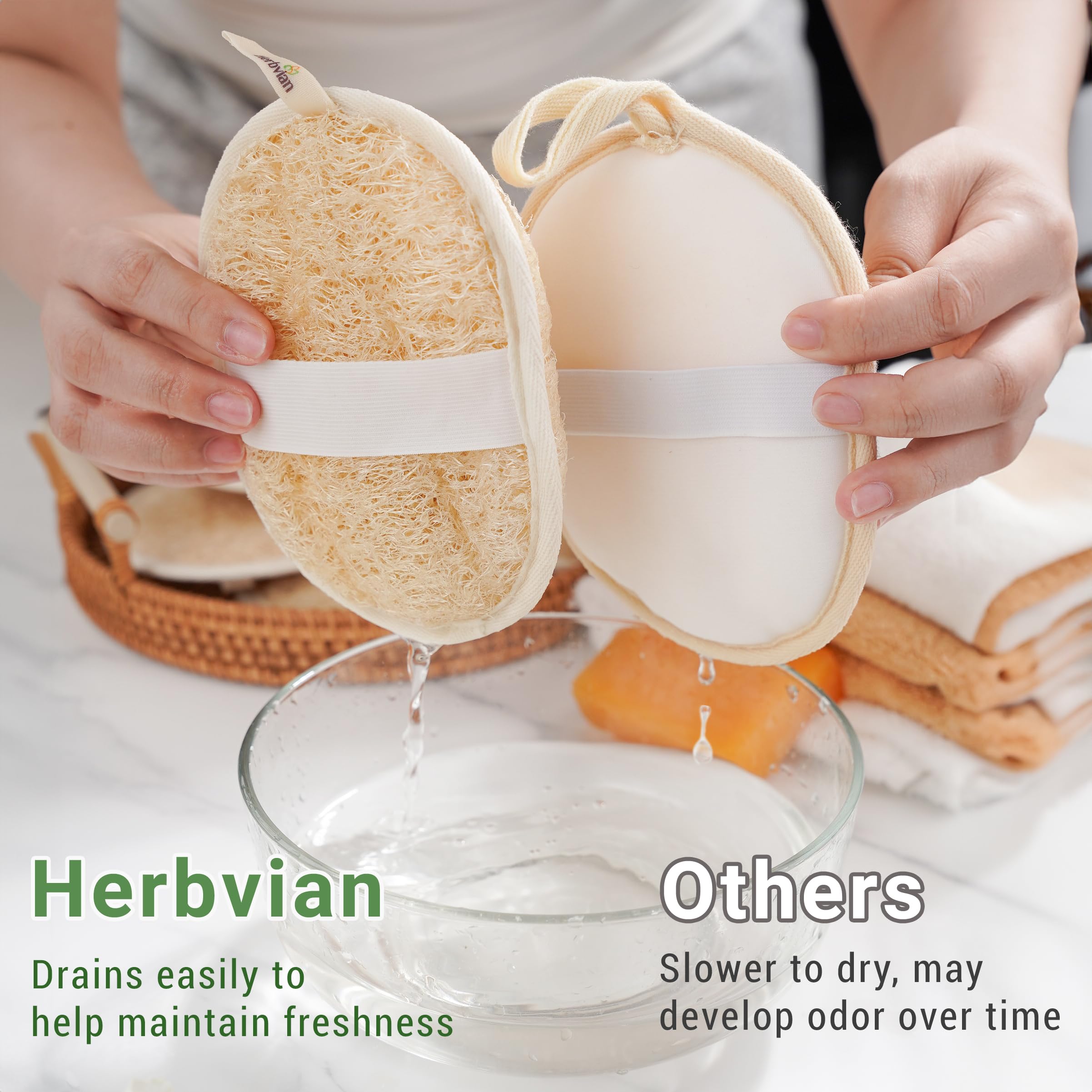 Herbvian loofah pads close-up texture shows natural plant-based fibers.