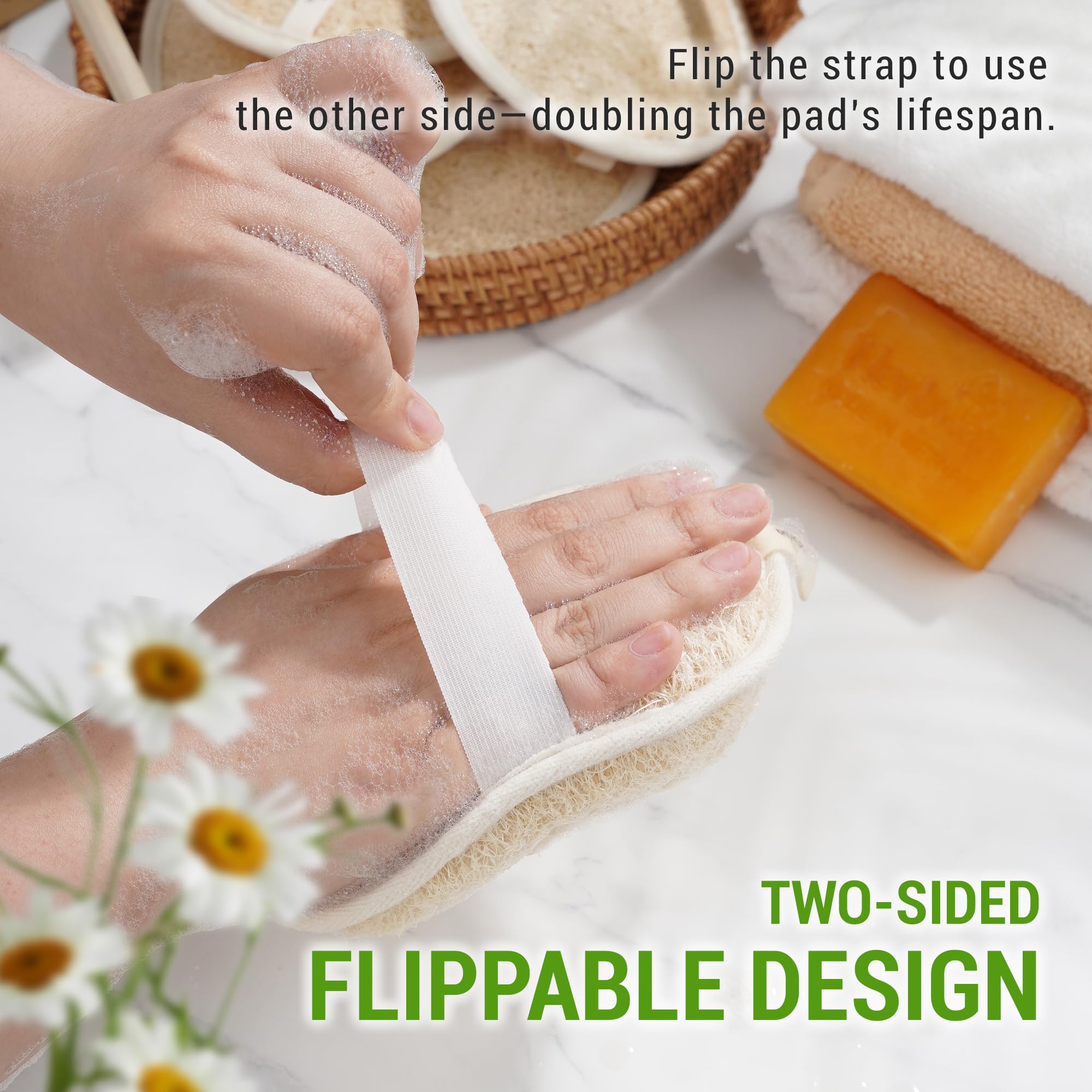 Herbvian Vietnamese loofah pads in bathroom scene ideal for refreshing scrubs.