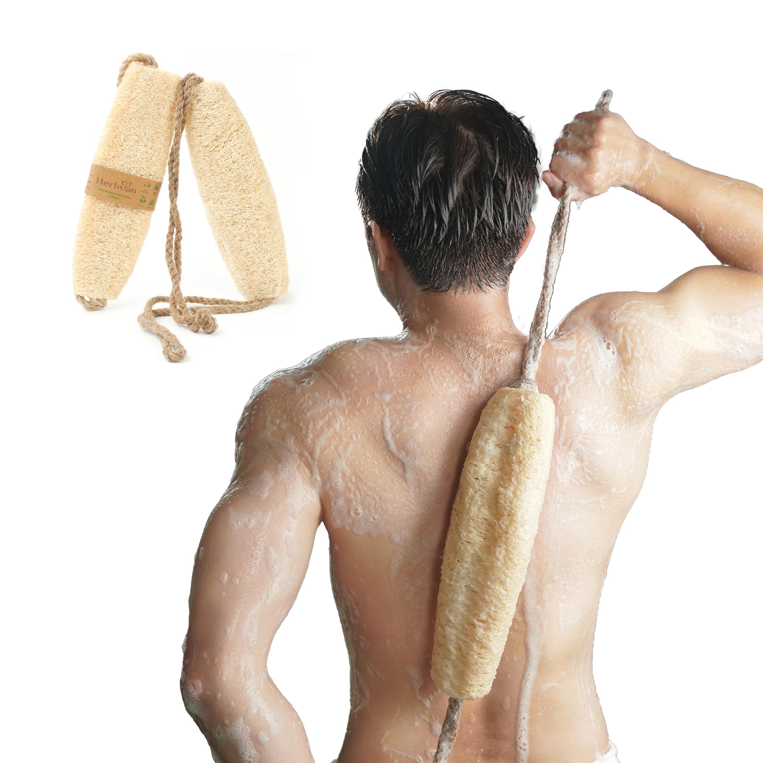 Herbvian back scrubber with loofah shows back-scrub exfoliation and cleansing