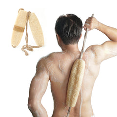 Herbvian back scrubber with loofah shows back-scrub exfoliation and cleansing