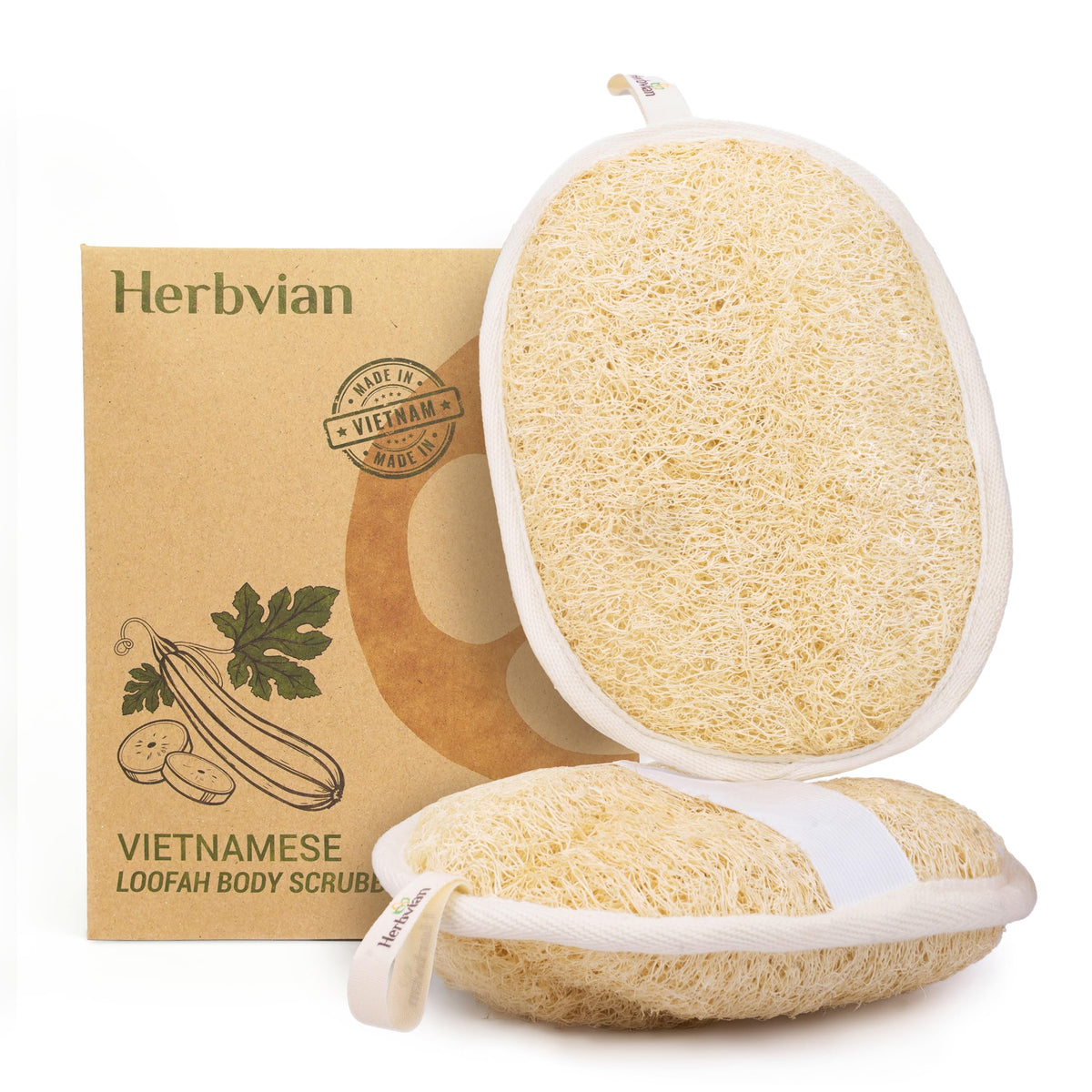 Herbvian Vietnamese natural loofah pads packaged for convenient two-pack use and travel-friendly freshness.
