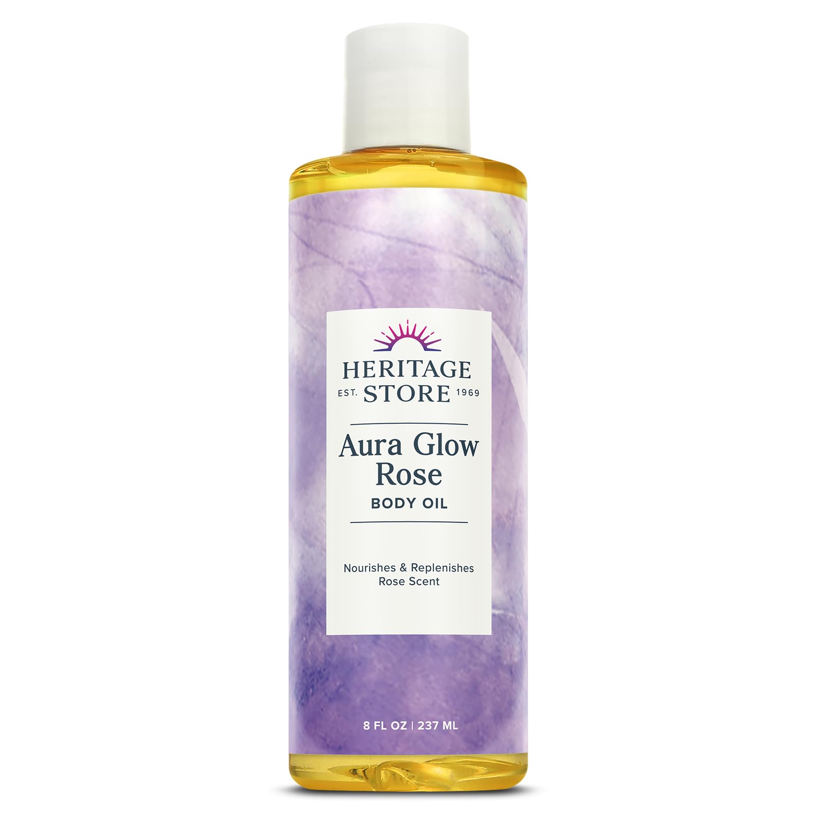 Heritage Store Aura Glow Rose Body Oil bottle closeup showing elegant packaging for smooth hydration.