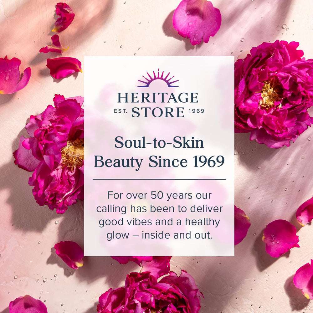Heritage Store Aura Glow Rose Body Oil being poured to illustrate easy, fast-absorbing moisture.