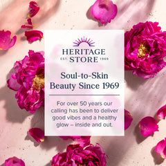 Heritage Store Aura Glow Rose Body Oil being poured to illustrate easy, fast-absorbing moisture.