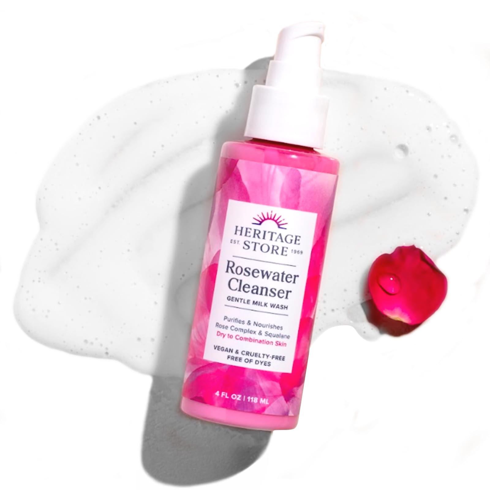 HERITAGE STORE Rosewater Cleanser bottle shows gentle cleanse for a fresh glow