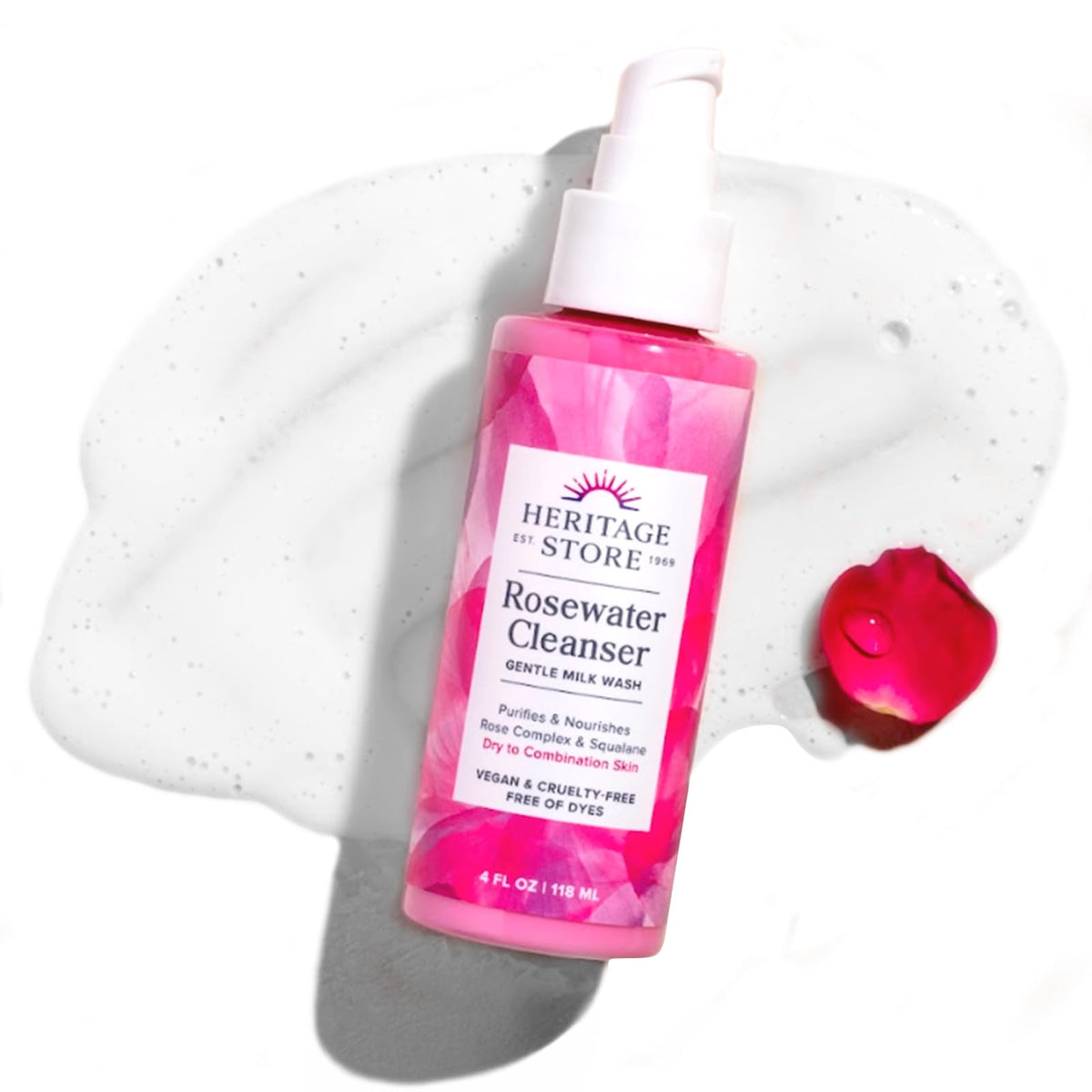 HERITAGE STORE Rosewater Cleanser bottle shows gentle cleanse for a fresh glow