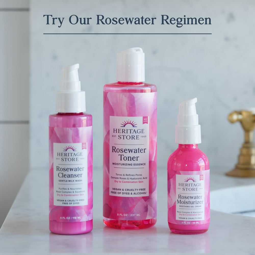 HERITAGE STORE Rosewater Cleanser ingredients-botanicals showcases plant-based care with squalane and rose extract