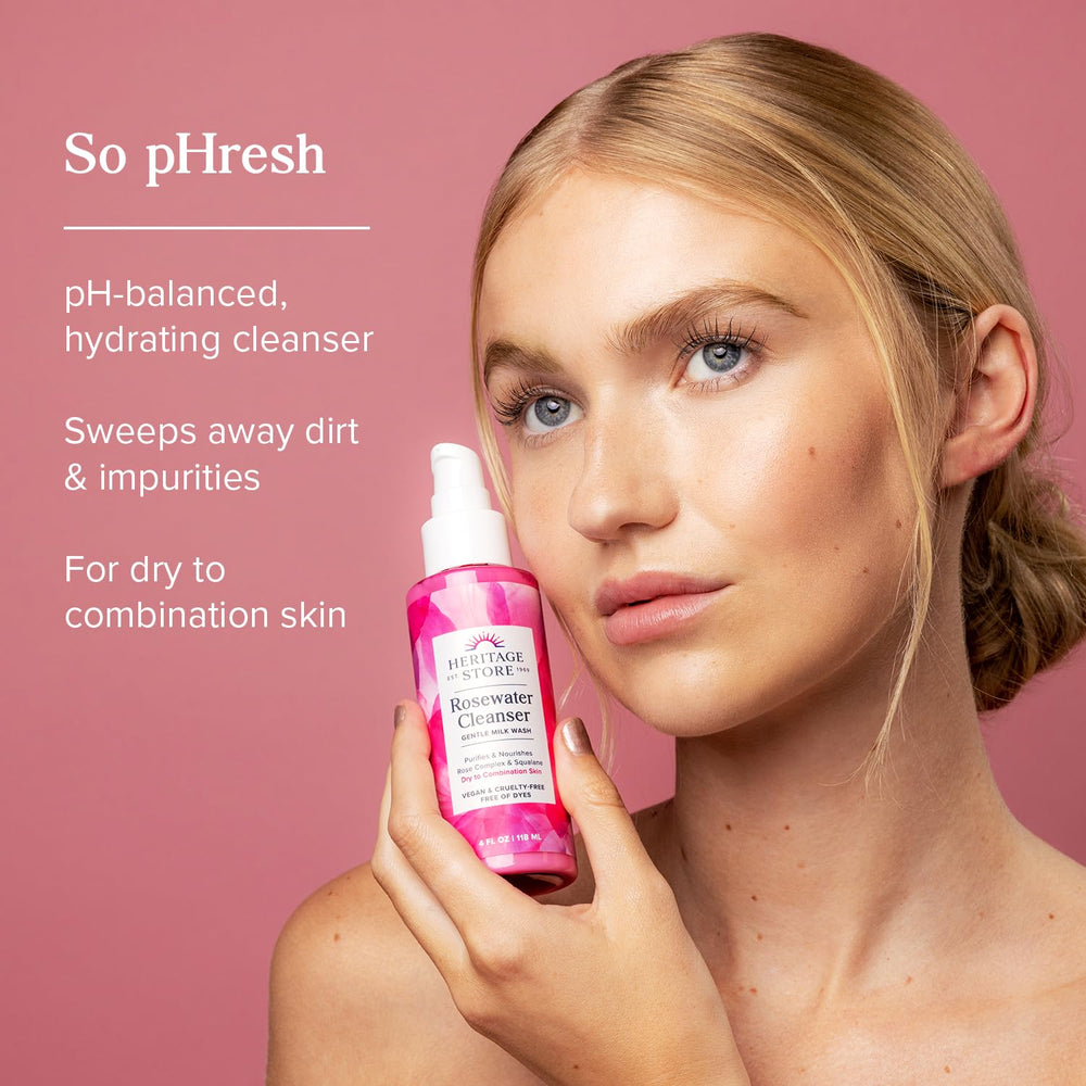 HERITAGE STORE Rosewater Cleanser pump-closeup demonstrates easy, creamy lather