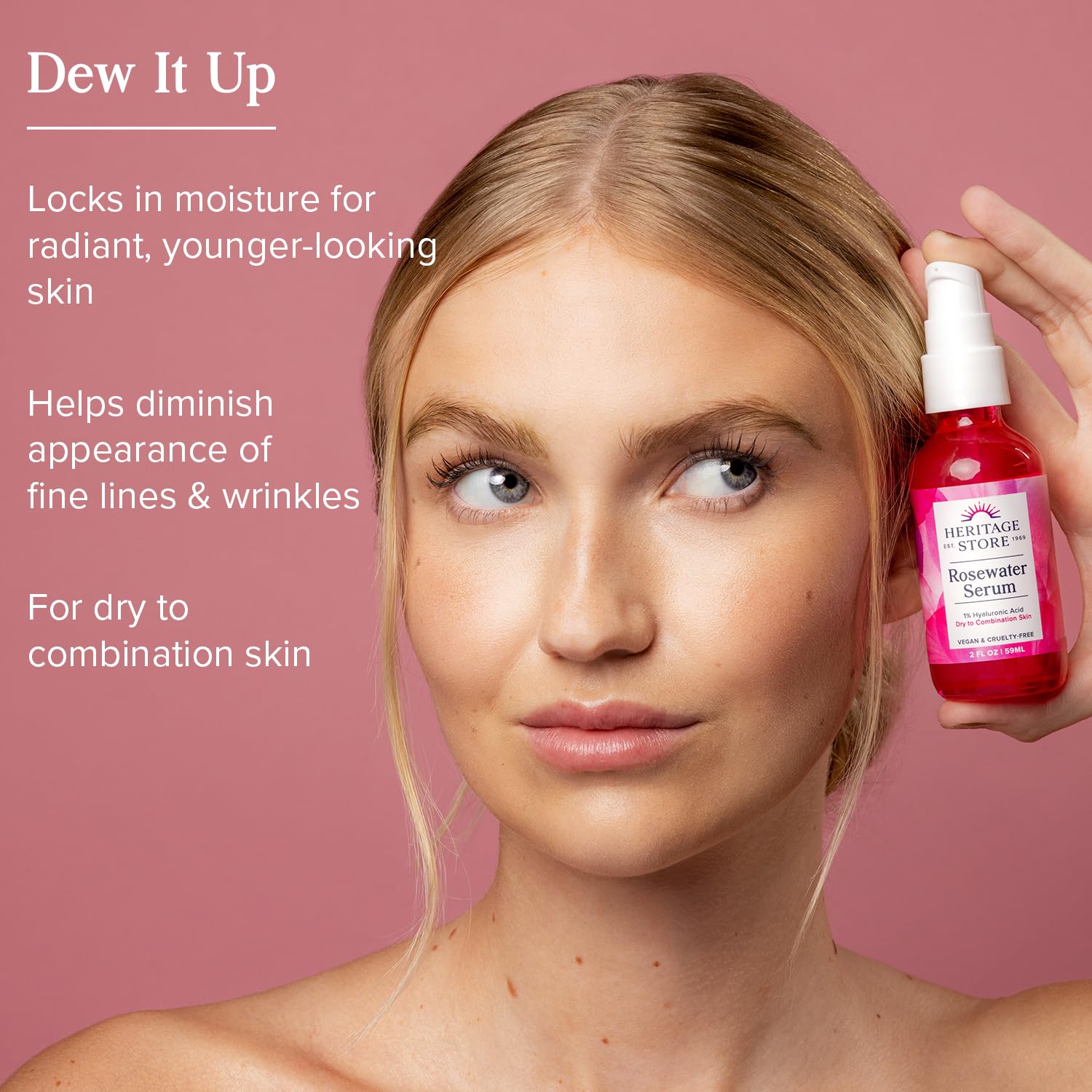 Heritage Store Rosewater Serum being applied for dewy skin and plump look