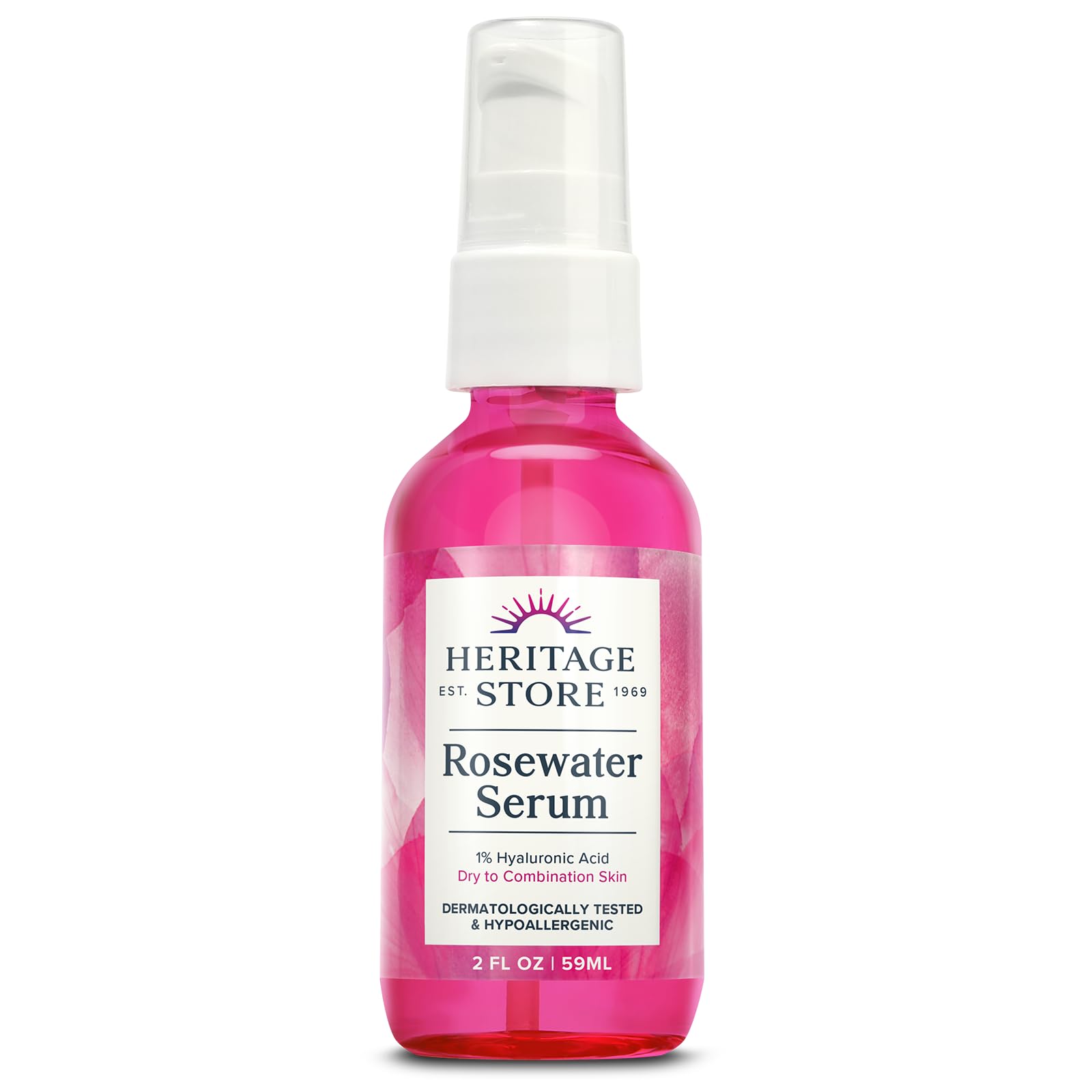 Heritage Store Rosewater Serum bottle highlighted for deep hydration and glow