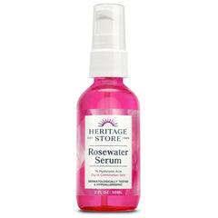 Heritage Store Rosewater Serum bottle highlighted for deep hydration and glow